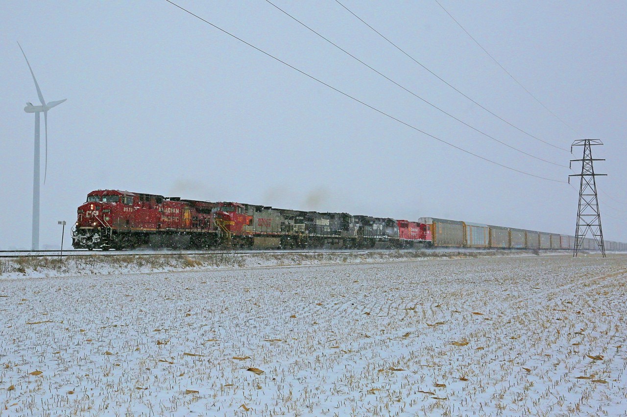 CP 8579 with helpers BNSF 747, NS 9082, NS 2765 and CP 6261 lead train 141 westbound at mile 88 on the CP's Windsor Sub.