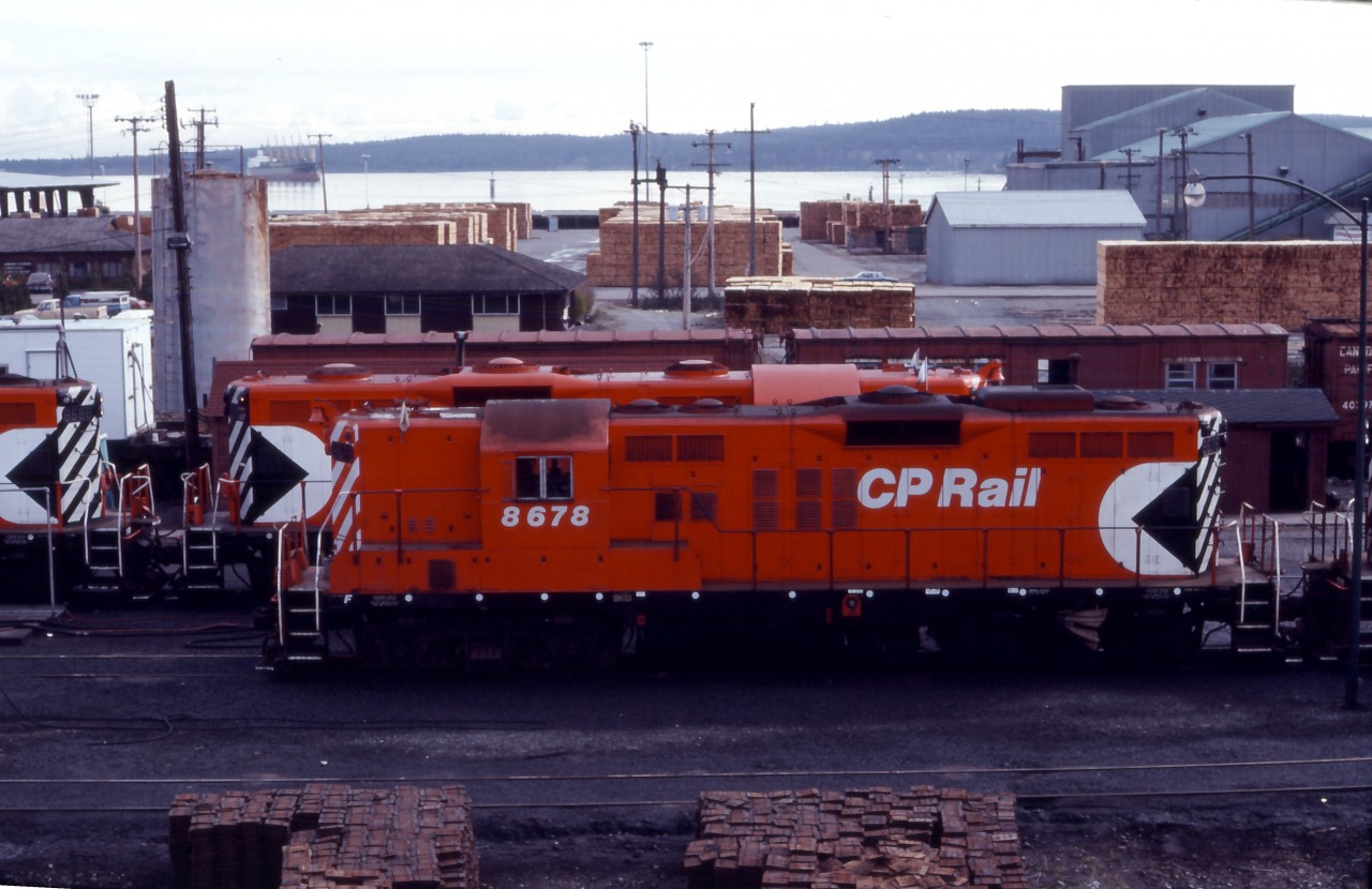 Back in the 1980s, the E&N was a relatively busy line. Here we see two sets of un-rebuilt GP9s waiting for their next assignments in Nanaimo.