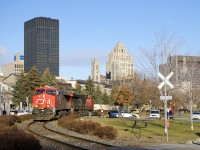 CP 3051 and CN 2927 lead a 12,227 foot long CN 149 out of the Port of Montreal.
