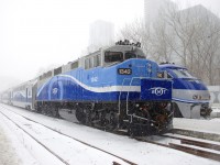 F59PH AMT 1342 and F59PHI AMT 1320 are at Lucien L'Allier Station in downtown Montreal on a snowy morning.