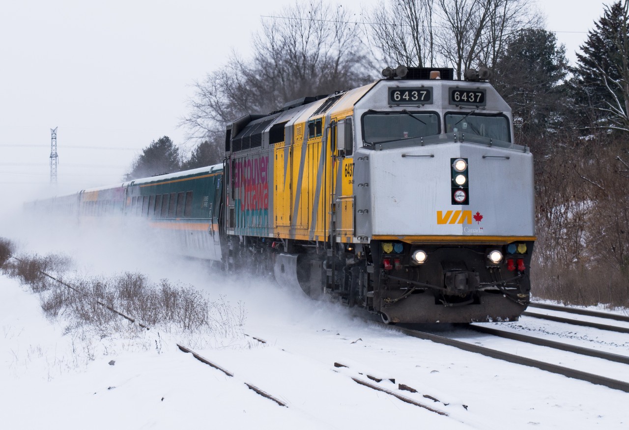 Can you spot what is missing?  Via 6437 leads train 72 through Copetown this afternoon, running a little late due to a defective crossing at Mile 27 and being behind CN 148.
