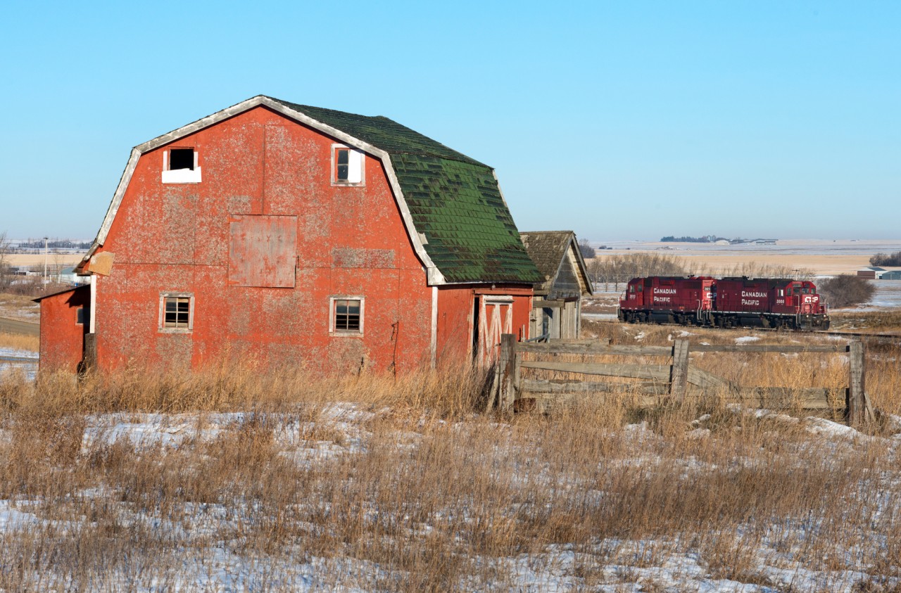A pair of CP GP38's depart the town of Kerrobert Saskatchewan beginning the twenty mile journey to Prairie West to lift some grain loads.