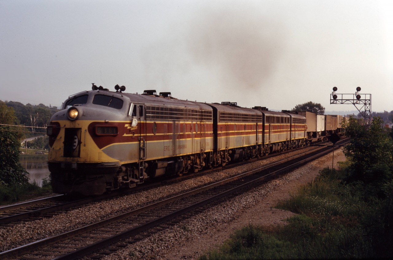 Because of damage caused by Hurricane Agnes, Erie Lackawanna detoured 75 trains over CN and CP lines in late June and early July 1972. Here we see a terrific "FPON" lashup of four EL F units, 6361, 6332, 7062, and 7094 leading 53 loads and 1 empty through Bayview. (For more information on these detours, refer to George W. Horner's article in the August 1972 UCRS Newsletter.)