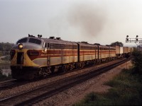 Because of damage caused by Hurricane Agnes, Erie Lackawanna detoured 75 trains over CN and CP lines in late June and early July 1972. Here we see a terrific "FPON" lashup of four EL F units, 6361, 6332, 7062, and 7094 leading 53 loads and 1 empty through Bayview. (For more information on these detours, refer to George W. Horner's article in the August 1972 UCRS Newsletter.) 