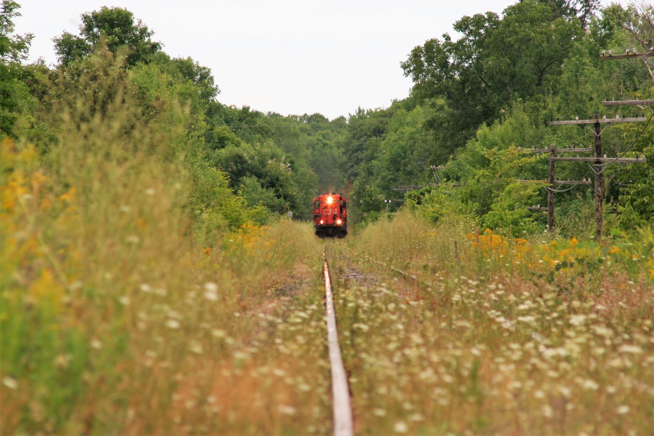 CN train 595 with GP9RM 4136 is seen slowly approaching the Stepan Chemical facility at Longford Mills, Ontario with its trainload of eight tankers on August 9, 2007. At that time, the CN local from Huntsville traversed the remains of the former CN Newmarket Subdivision mainline, now named the Newmarket Spur, to reach the facility from Washago.