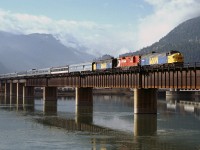 VIA 2, the eastbound Canadian is crossing the Columbia River bridge at Revelstoke BC with a colourful array of equipment.  Apart from the Geep, it could easily pass for a Rapido Model Trains version of the Canadian.