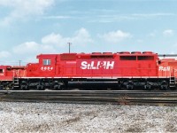 The first locomotive painted into the new eastern railway "St. Lawrence & Hudson" You can see where the different shade of red was applied to cover the CP Rail System dual flags scheme and apply the STL&H decals.