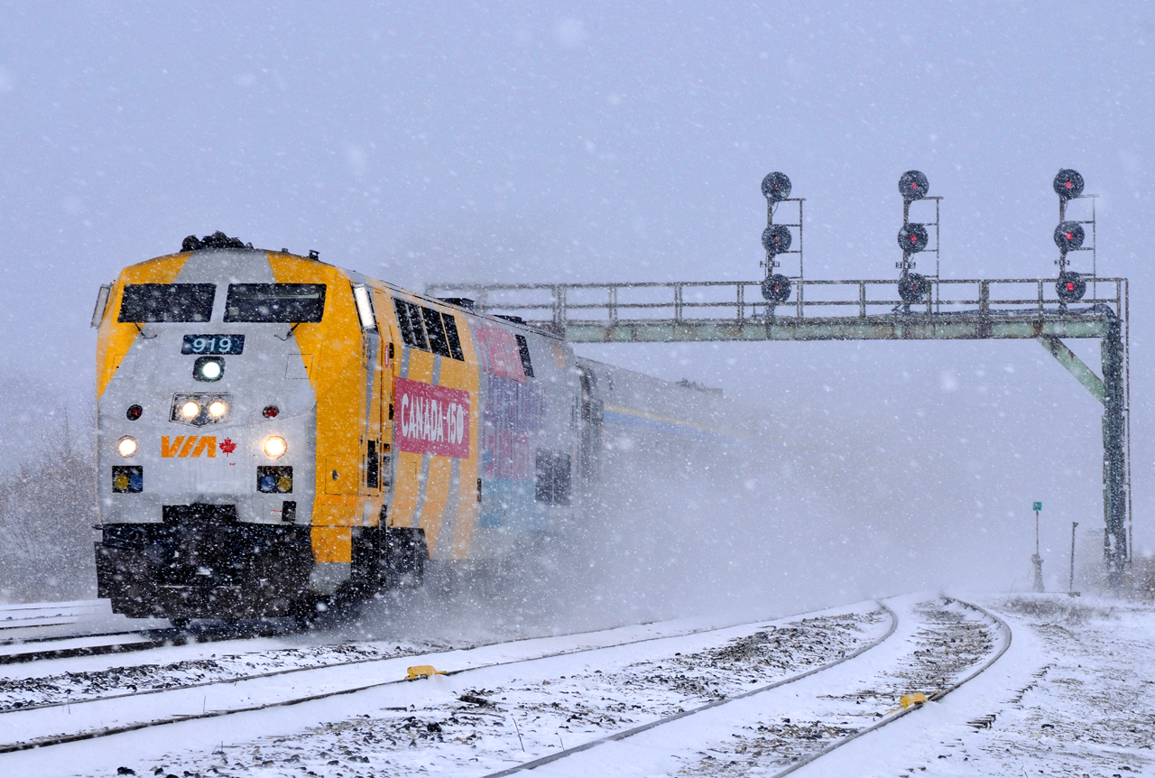 VIA 919 leads 73 through Paris Junction during a brief whiteout