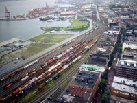 View from the Vancouver Tower on the CP Yard and the Harbor of Vancouver, historical picture from 1991 , taken on a heavy rainy day.