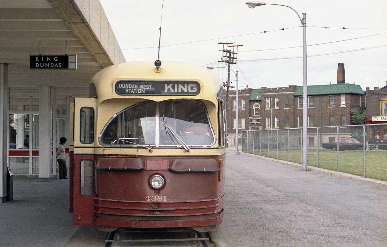 On a cloudy day in June 1972, TTC 4391 is awaiting passengers in Toronto.