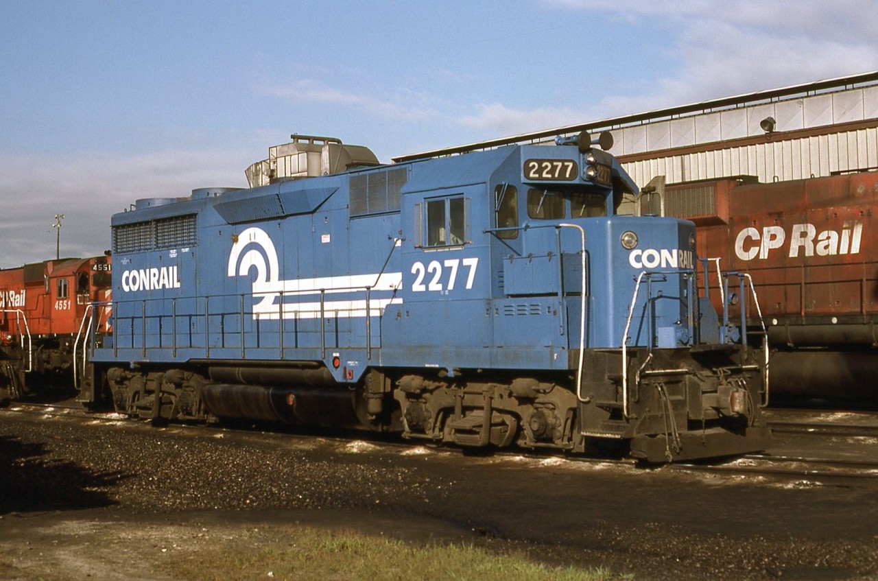 One of several CR GP35,s on lease to CP. Unfortunately an unwanted or welcome model. GP38 and SD40s would replace the 35s. The 2277 only lasted a short time before being returned, as i understand at the request of Conrail.
