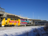 With Canada's 150th anniversary year now at an end, VIA Rail is starting to remove 'Canada 150' markings from rolling stock. It has not been removed yet from P42DC VIA 913, which is seen leading VIA 63 past the Turcot Holding Spur in Montreal.