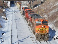 CP T40 from CSXT Rougemere with BNSF 7694, CP 6249, & CN 3026 emerges in to most inefficient set up city for rail traffic, Windsor, through the Detroit/Windsor International Tunnel as my first train of 2018 