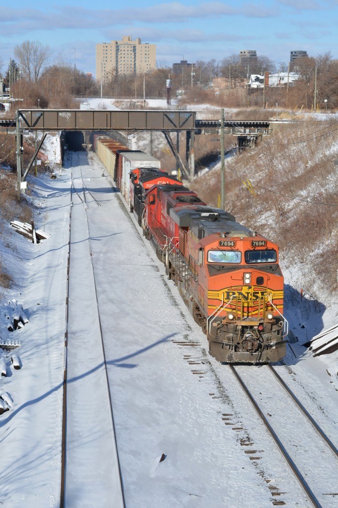 CP T40 from CSXT Rougemere with BNSF 7694, CP 6249, & CN 3026 emerges in to most inefficient set up city for rail traffic, Windsor, through the Detroit/Windsor International Tunnel as my first train of 2018