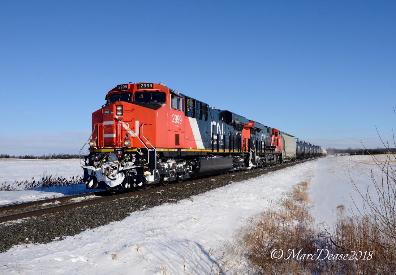Beautiful sunshine but sub zero temperatures as CN 2999 with CN 2997 lead Train 383 by Camlachie Sideroad heading for Sarnia, ON.