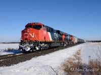 Beautiful sunshine but sub zero temperatures as CN 2999 with CN 2997 lead Train 383 by Camlachie Sideroad heading for Sarnia, ON.
