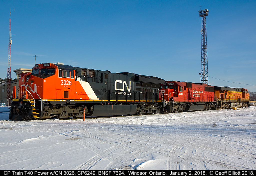 CP Transfer T40 power rests after returning to Windsor Yard on January 2, 2018.  With only Union Pacific, Norfolk Southern and CSX missing, half of North America's primary Railroads are represented today in a single consist with new CN ET44CW #3026, CP SD60 #6249, and BNSF ES44DC #7694.