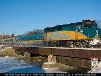 No Danger of Thin Ice today as VIA 6406, with Train #72, speeds over the Belle River bridge on a frigid January 6, 2018 morning.