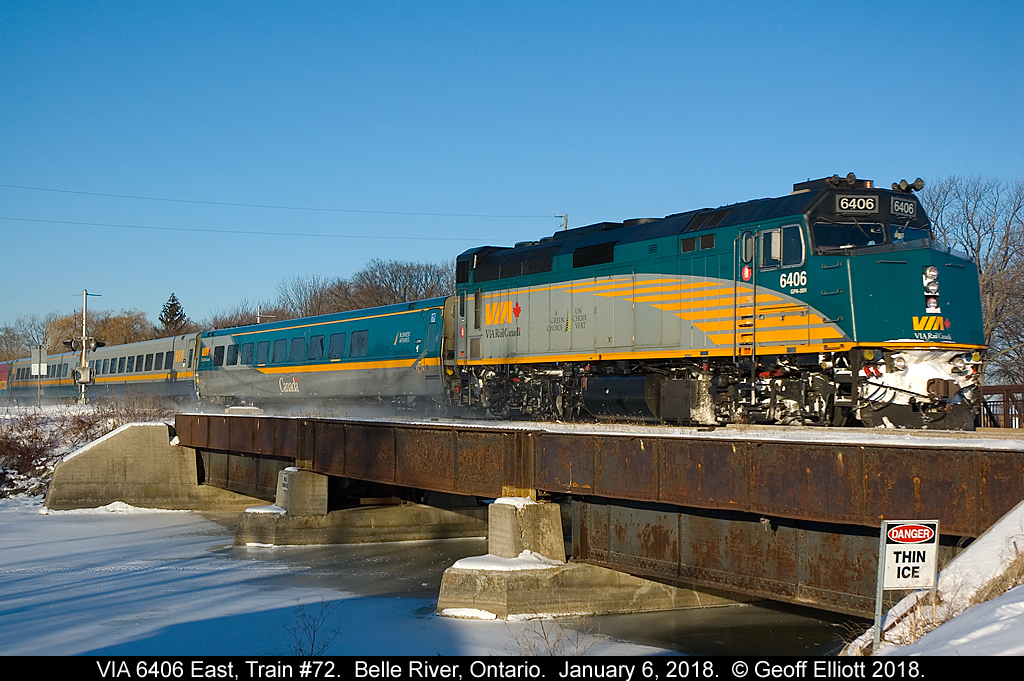 No Danger of Thin Ice today as VIA 6406, with Train #72, speeds over the Belle River bridge on a frigid January 6, 2018 morning.