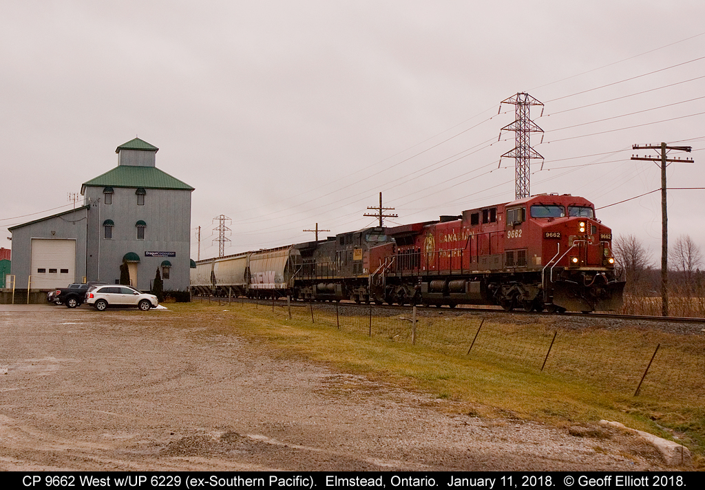 A grey visitor on a very grey day doesn't make for nice photos......  CP 9662 leads Union Pacific 6229, an ex-Southern Pacific AC4400CW, on CP train #141 as it rolls through Elmstead, Ontario on January 11, 2018.