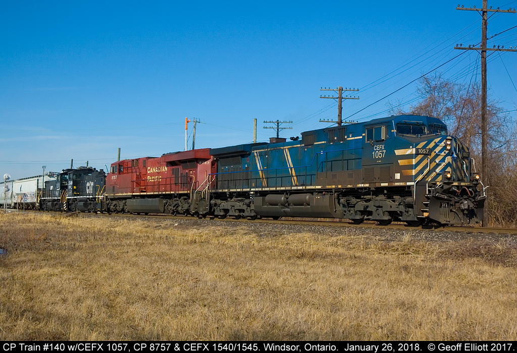 CEFX 1057 commands today's Train #140 as it backs into Windsor Yard.  Trailing are CP 8757 and 2 ex-NS MP15DC's lettered up as CEFX 1540 and 1545, both of the MP15's are dead-in-tow.  Nice change to an otherwise boring consist on the CP.