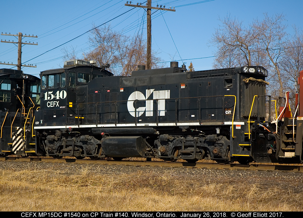 Trailing dead on CP Train #140 today were 2 ex-NS MP15DC's.  Here is a shot of CEFX 1540 as train 140 shoves back into Windsor Yard.