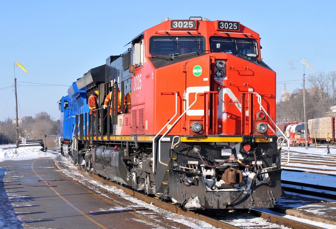 CN 3025 receiving water at Brantford. Having encountered issues east of Brantford, M39891 16 would tie their train down clear of Copetown West and run light power back to Brantford to try and resolve the issue