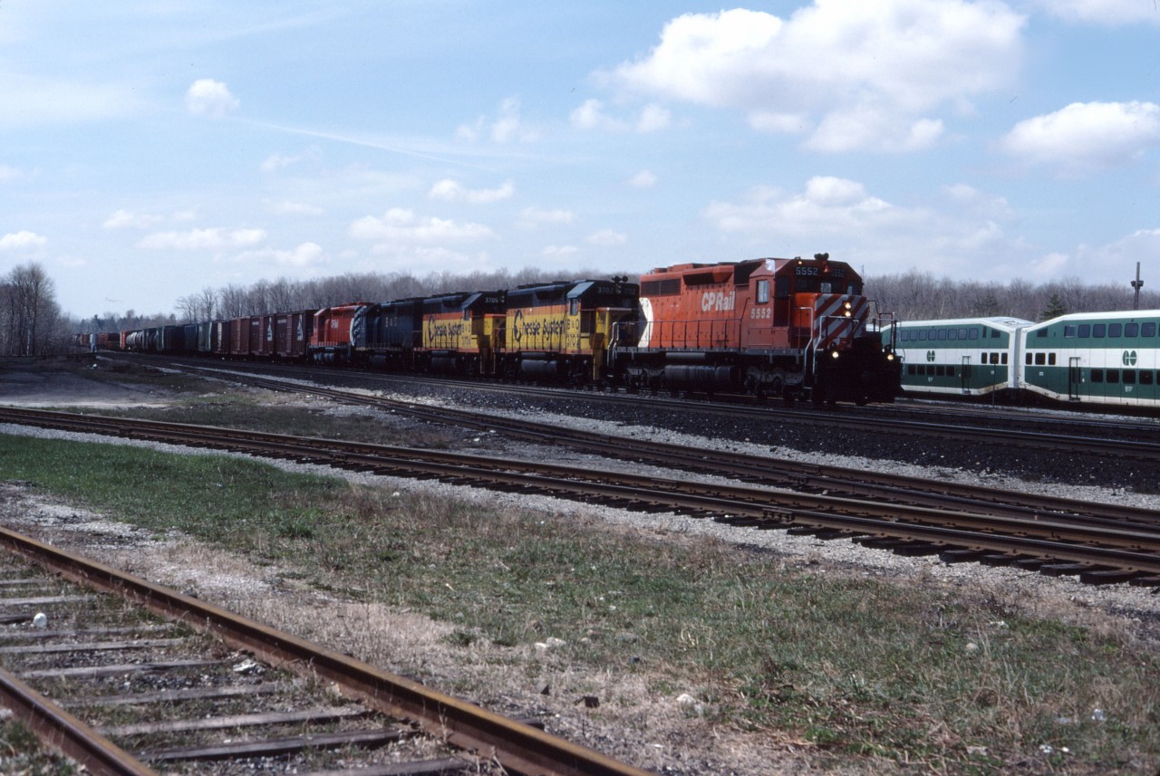 CP also ran some interesting lash-ups in the mid-1980s. Here we see an eastbound at "the Junction" with a pair of CP SD40s and three leased B&O GP40s.