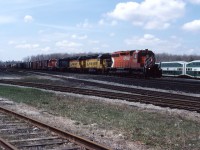CP also ran some interesting lash-ups in the mid-1980s. Here we see an eastbound at "the Junction" with a pair of CP SD40s and three leased B&O GP40s.