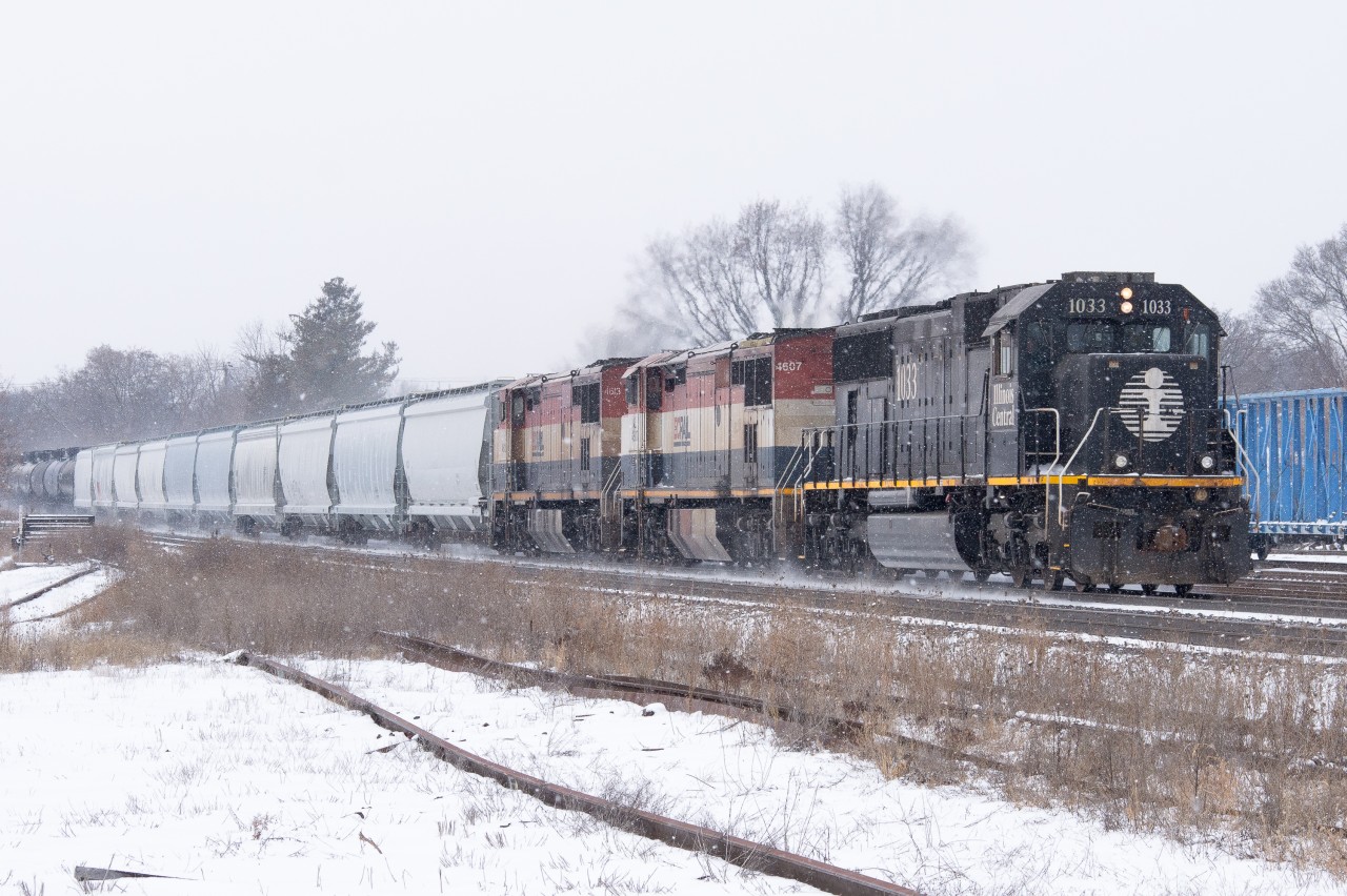 IC 1033 leads BCOL 4607 and BCOL 4613 on CN 396 through Brantford Ontario.  Needless to say, I was very happy to have had class cancelled this afternoon.