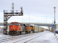 A very rare daylight CN 271 is through Dorval with CN 2240 and BNSF 4275 for power and 95 autoracks for Ingersoll and Windsor.