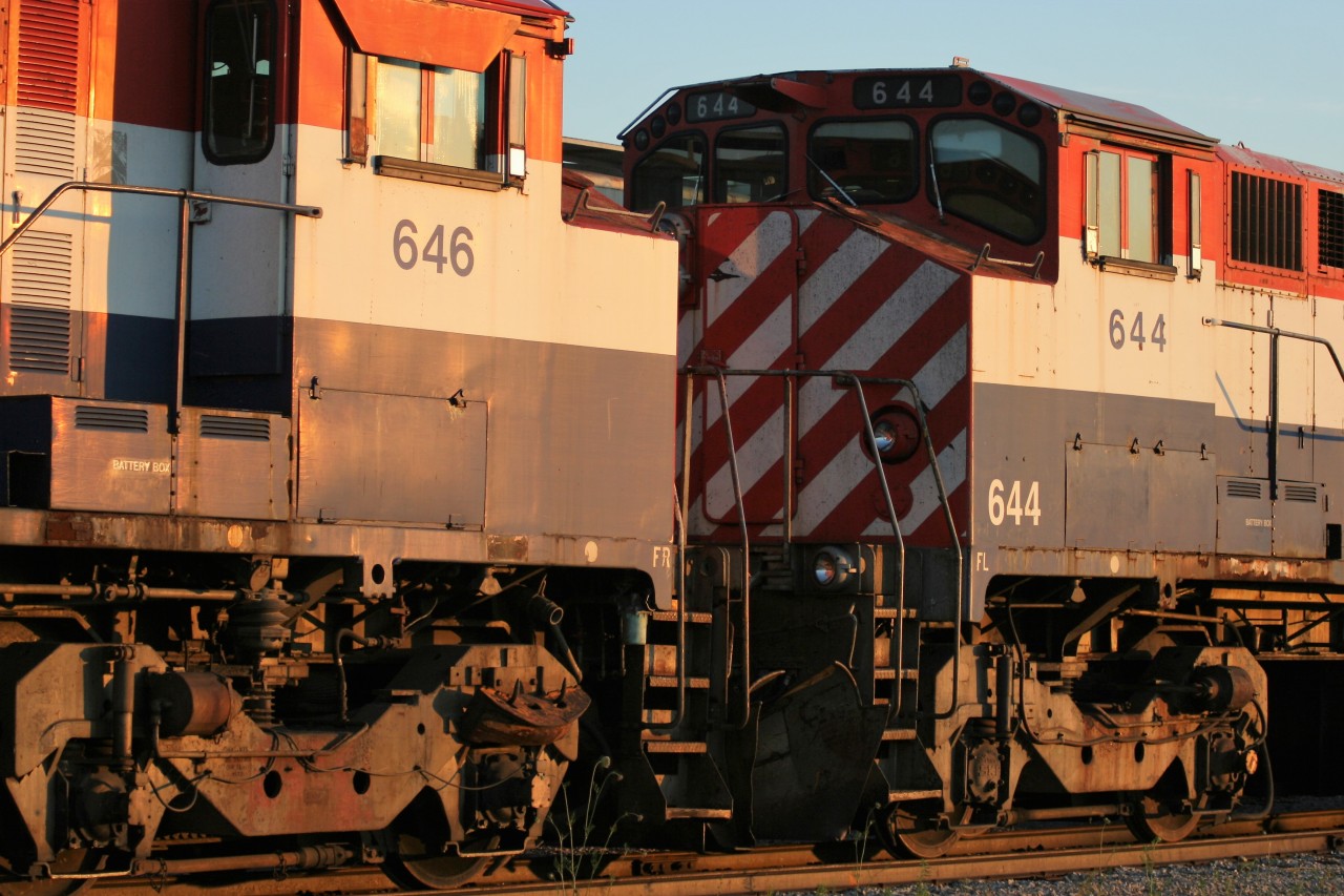 Ontario Southland Railway M-420(W)’s 644 and 646 are viewed nose to nose in the fading light of a summer evening almost 10 years ago at Guelph Junction, Ontario.