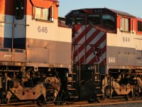 Ontario Southland Railway M-420(W)’s 644 and 646 are viewed nose to nose in the fading light of a summer evening almost 10 years ago at Guelph Junction, Ontario. 