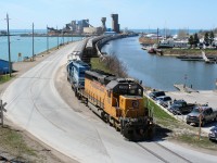 Goderich-Exeter Railway train 581 with borrowed Florida East Coast Railroad SD40-2 709 and GSCX SD40-2 7362 is seen lifting hoppers at the Goderich harbor on April 11, 2010. 