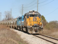 Goderich-Exeter Railway train 581 with borrowed Florida East Coast Railroad SD40-2 709 and GSCX SD40-2 7362 are viewed departing Goderich, Ontario with Stratford bound tonnage on April 11, 2010. 