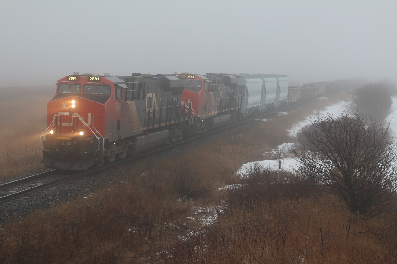 A pair of ES44AC's have their work cut out for them as they briefly break through the day long fog at Milton, with a long and heavy mixed freight on the draw bar. While higher then normal temps have melted most of the snow I'm sure it is only temporarily, after all it's only mid January.
