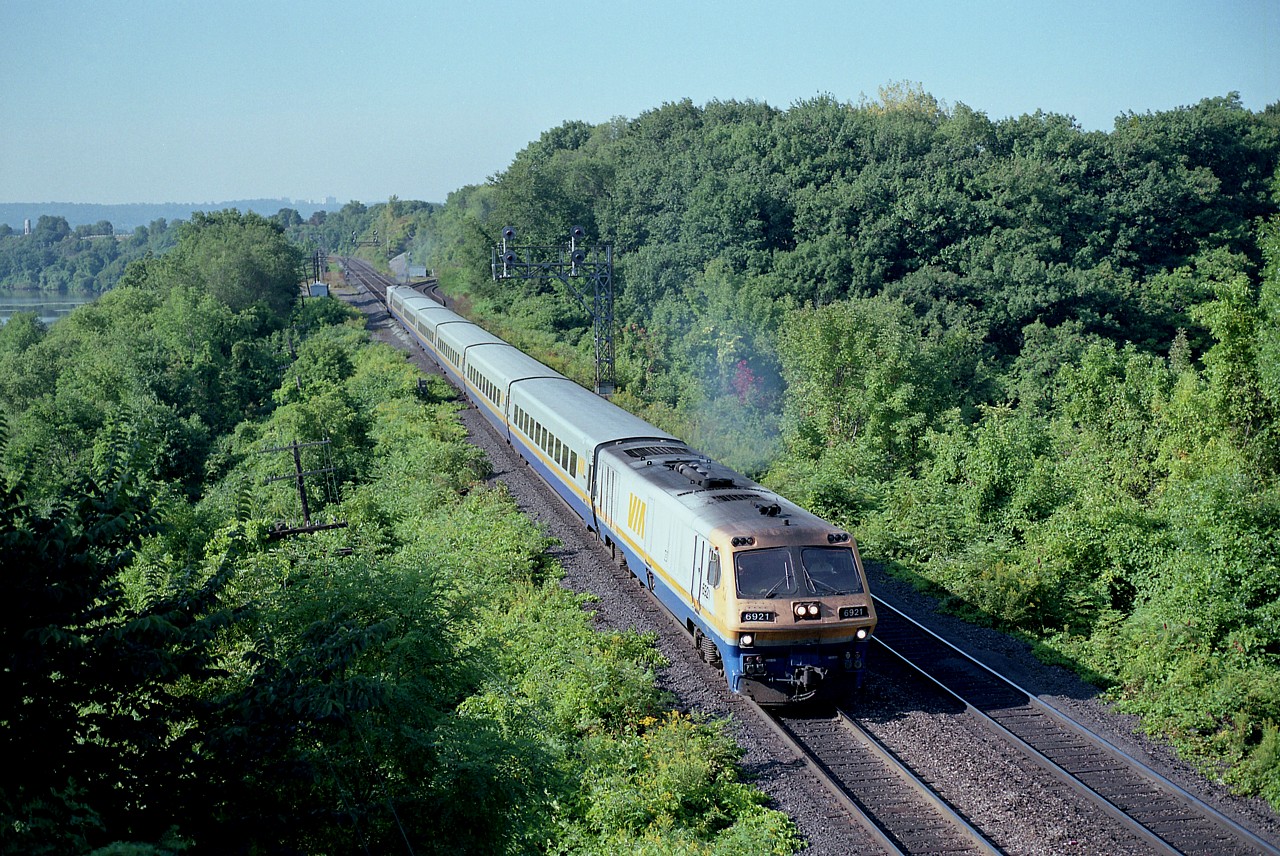 Co-incidentally exactly 15 years after my previous 1974 submission, we see LRC VIA 6921 as morning train #70 running eastbound. Photo is from the popular Railfans Walkbridge, as we call it. I was never a fan of these locomotives and took not all that many photos of them. This one I understand now resides in the Canadian Railway Museum, having been transferred there in 2004.