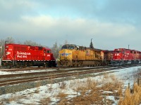 Lots of power sitting in CP's Scotford Yard waiting for work. Centre stage is UP 5523, also seen is GP20C-ECO CP 2323, AC4400CW CP 8549 and a pair of GP38-2s CP 4418 and 3028. The GPs were on active switching duties and were soon gone from the scene revealing ES44AC CP 8769 sitting behind the AC400CW.