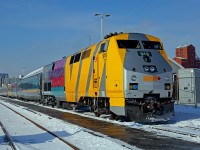 VIA 918, less the Canada-150 portion of the celebratory wrap, awaits a 1345 departure time with Toronto-bound train 76.