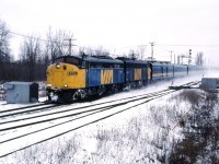 VIA FP9Au units 6314 and 6308 lead train 134 from Senneterre past Riviere des Prairies yard.