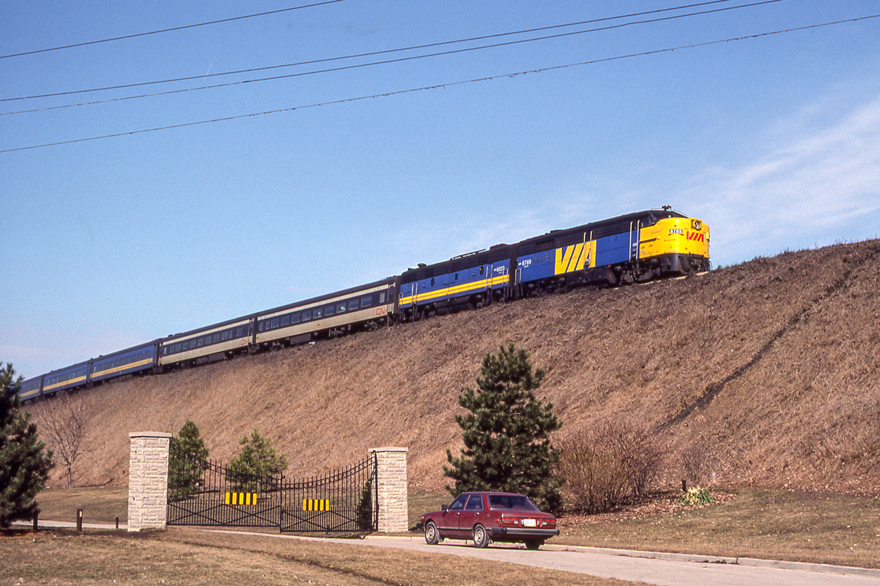 VIA 6789 is eastbound through London, Ontario on March 24, 1981.