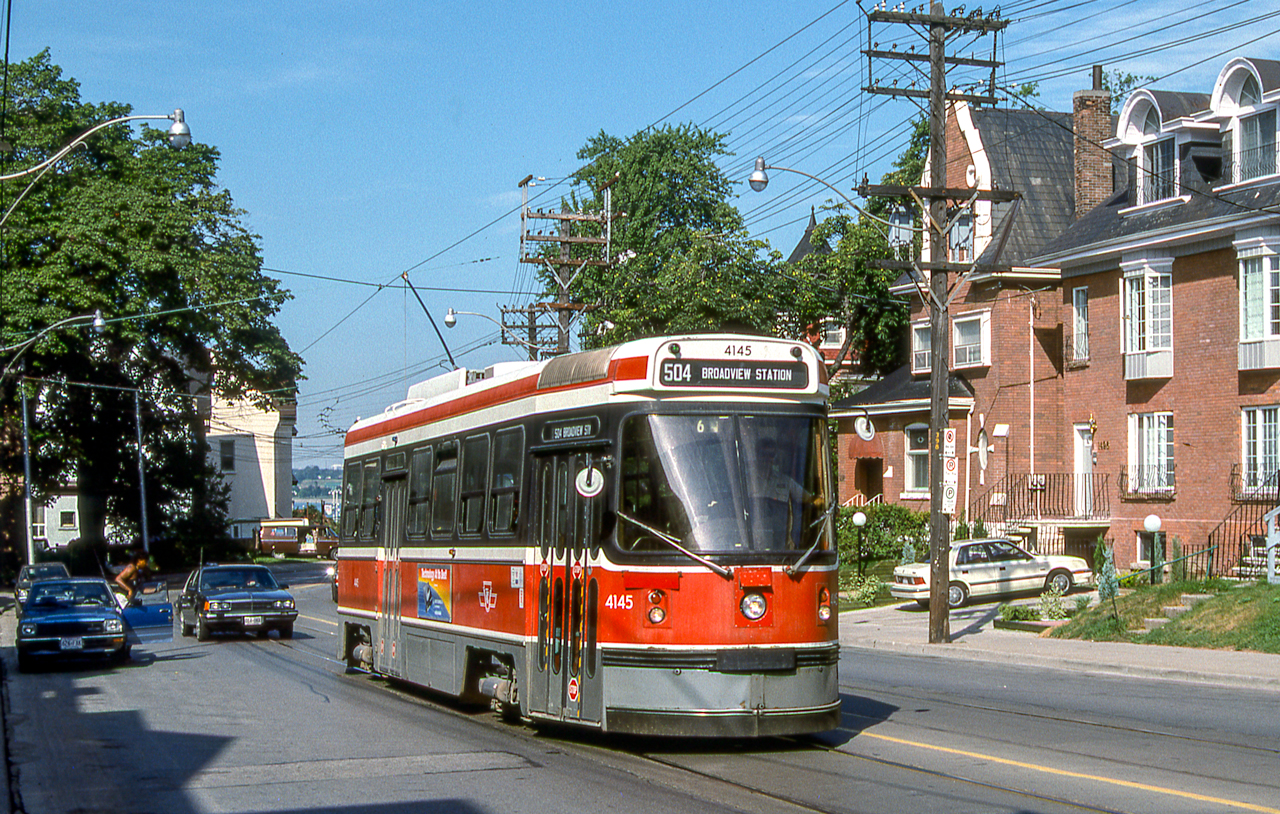 TTC 4145 is eastbound on King Street West in Toronto on August 8, 1988.