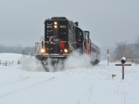 OBRY's Credit Valley Explorer clears the drifts from the night's snow on the day's Brunch Train in Caleodon on their trek to Brampton. With a questionable future for the line, get your shots while you can...