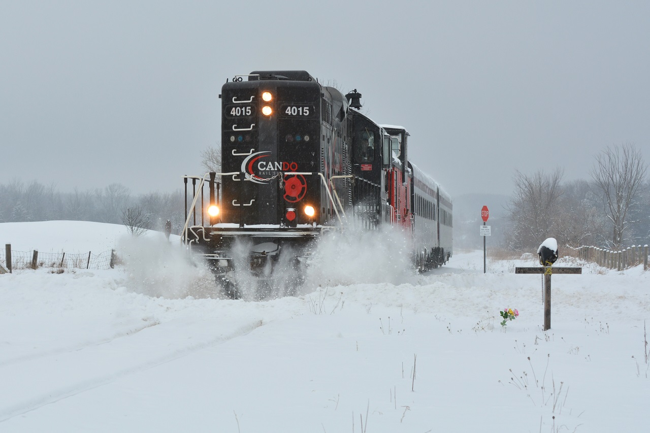 OBRY's Credit Valley Explorer clears the drifts from the night's snow on the day's Brunch Train in Caleodon on their trek to Brampton. With a questionable future for the line, get your shots while you can...