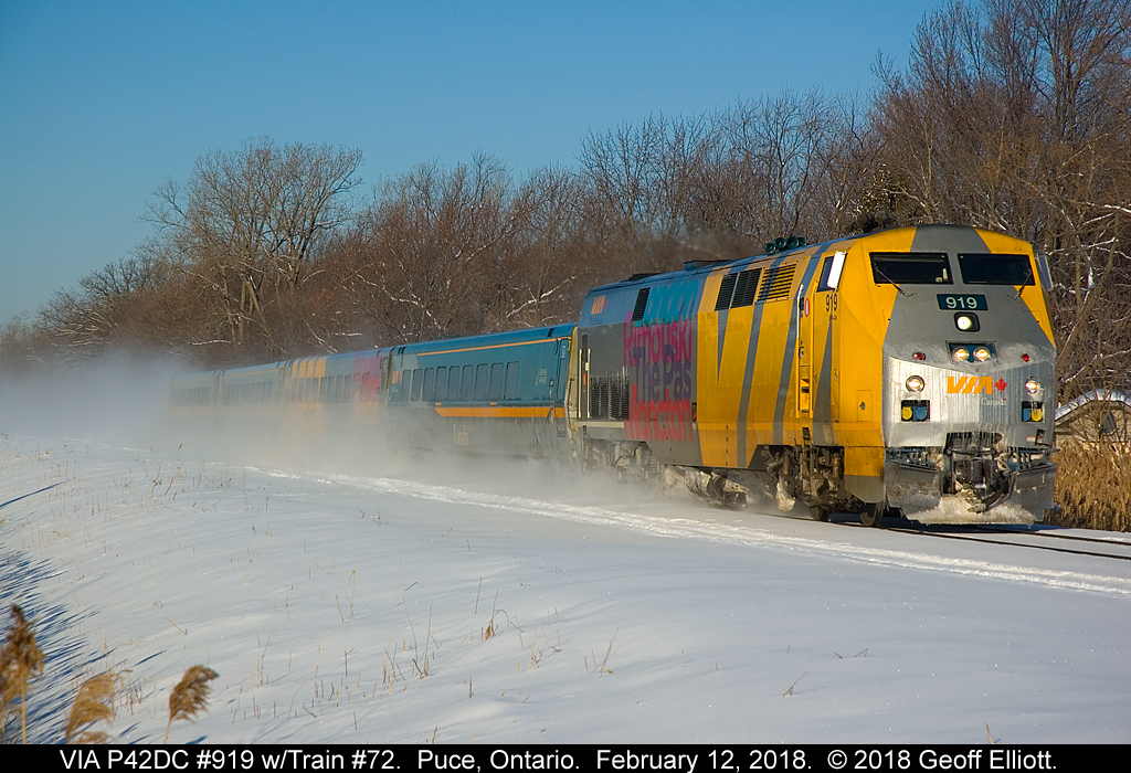 VIA wrap #919, on train #72, now without it's "Canada 150" emblem, kicks it up as it speed through Puce, Ontario on a beautiful February 12th morning.