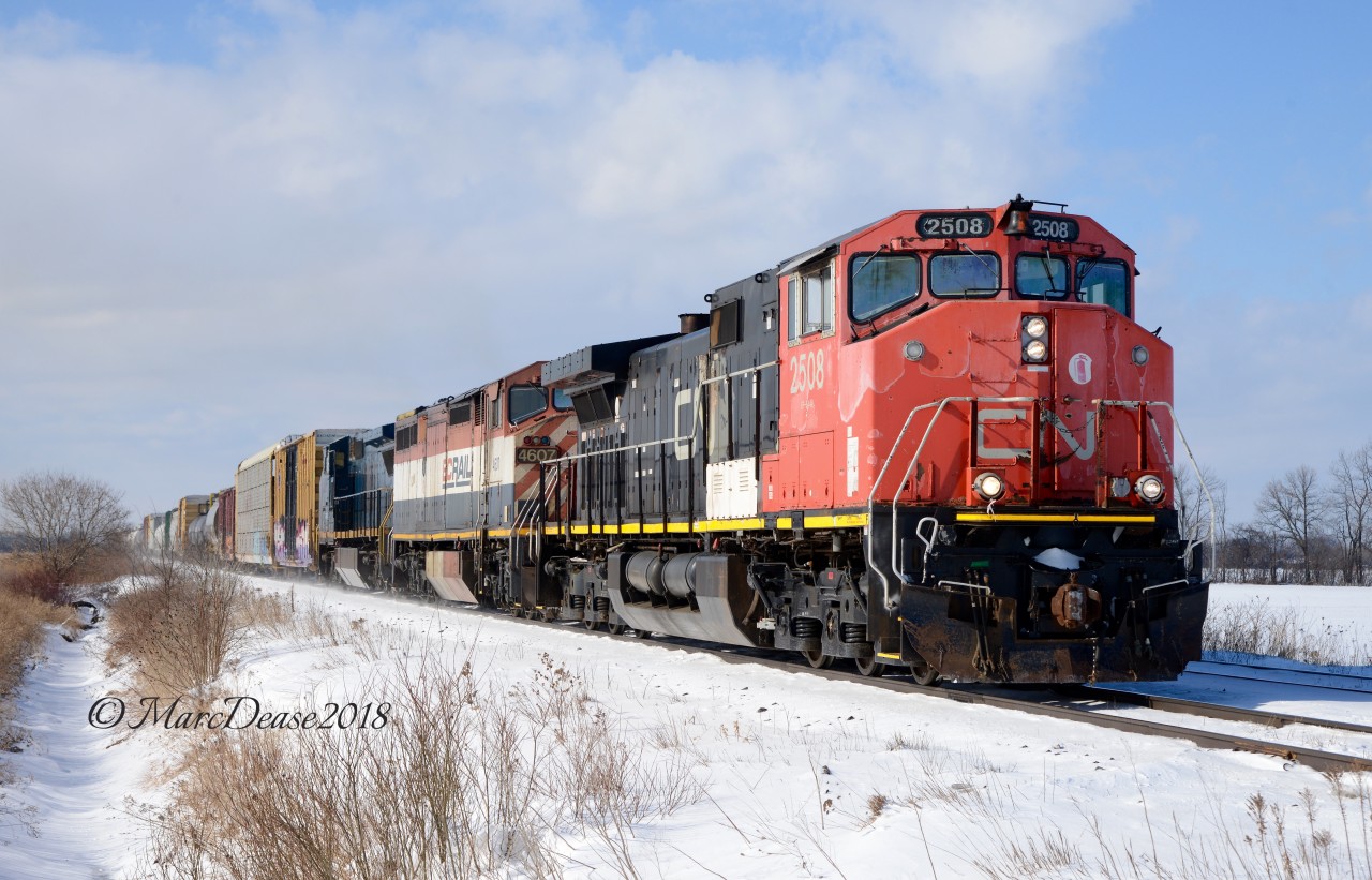 CN 2508 with BCOL 4607 and GECX 9149 east bound out of Sarnia, ON., at Waterworks Sideroad on a beautiful winters morning.