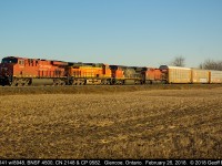 CP train #141 approaches the east switch at Glenco, Ontario on February 26, 2018 with a colorful lashup consisting of CP 8948, BNSF 4500, CN 2148, and CP 9582.  Nice way to start the day.......