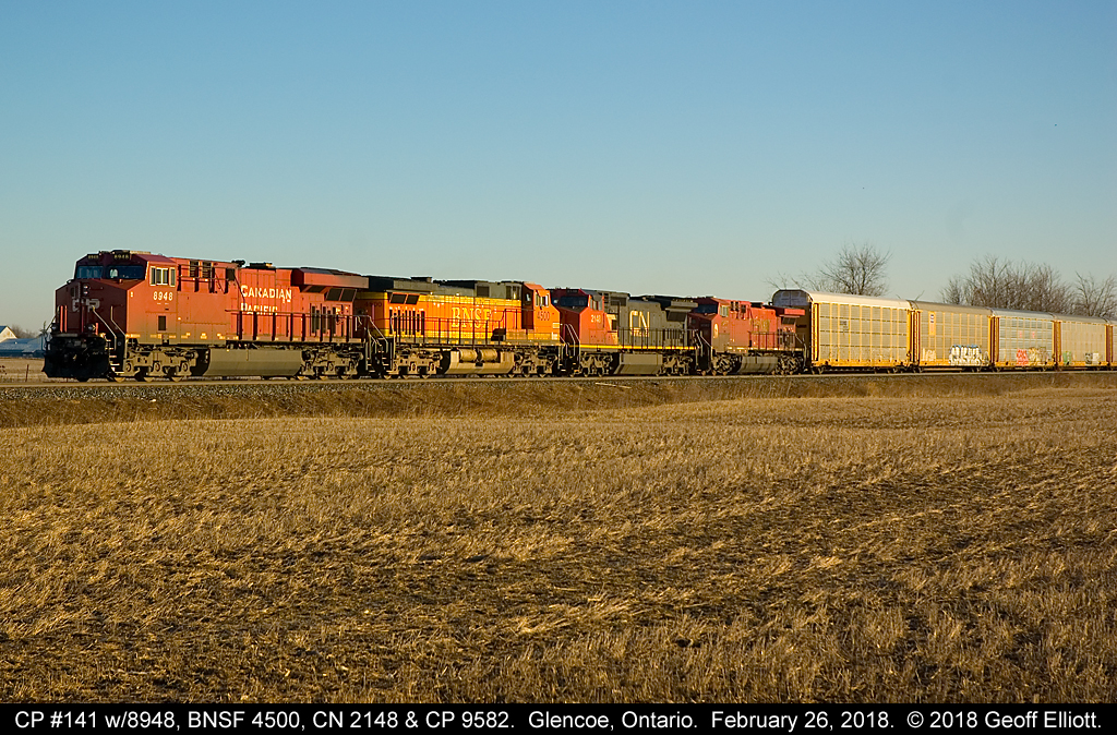 CP train #141 approaches the east switch at Glenco, Ontario on February 26, 2018 with a colorful lashup consisting of CP 8948, BNSF 4500, CN 2148, and CP 9582.  Nice way to start the day.......