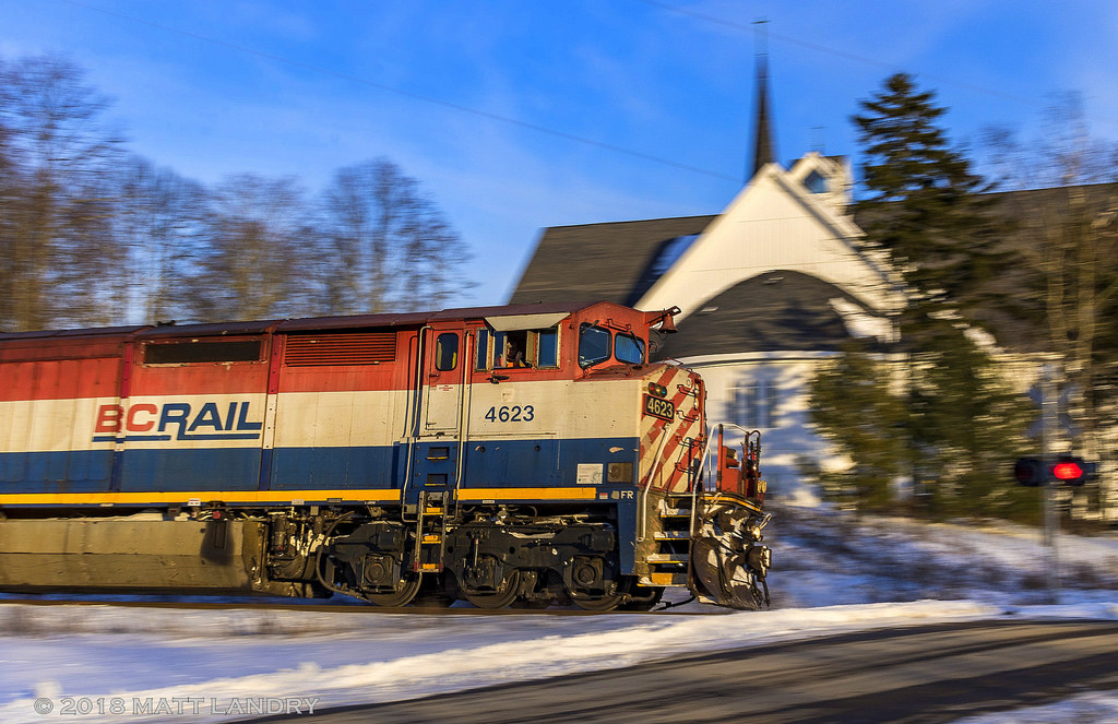 My first shot of the new year, 2018. Panning BCOL 4623 as they lead train 406 at Rothesay, New Brunswick.