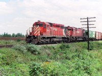 A hot summer afternoon long ago. CP 5520 & 4553 a west bound through the crop fields of southwestern Ontario.